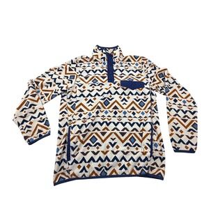 Eddie Bauer Mens Medium Fleece Pullover Aztec Geometric Blue Brown‎ Snap Neck M